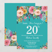 Invitation Turquoise Floral Surprise 20e anniversaire Invitat (Devant / Derrière)
