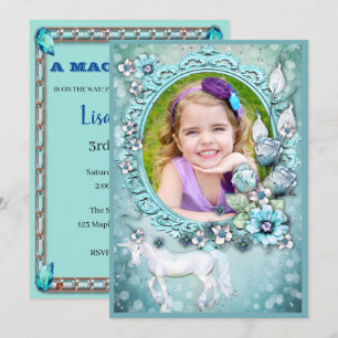 Invitation Turquoise Floral Unicorne Photo Anniversaire