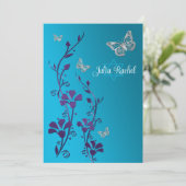 Invitation Turquoise, Floral Violet, Bat mitzvah de papillons (Debout devant)