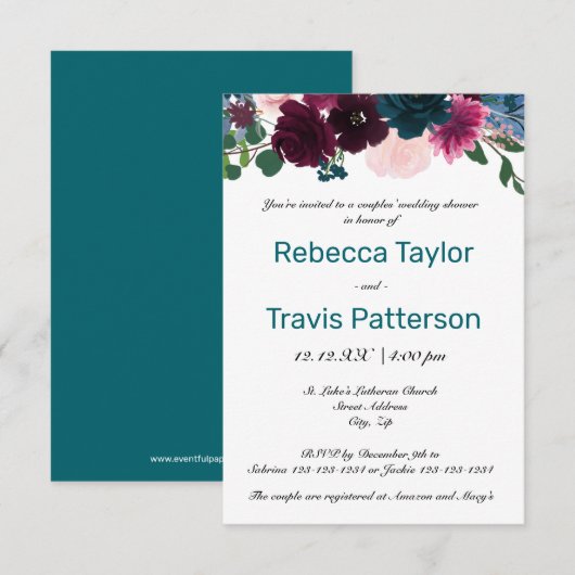 Invitation Turquoise floral - Wedding shower de 3 couples sur (Devant / Derrière)