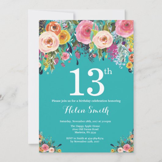Invitation turquoise Florale 13e anniversaire (Devant)