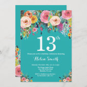 Invitation turquoise Florale 13e anniversaire (Devant / Derrière)