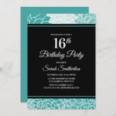 Invitation Turquoise Florale Blanche 16e fête d'anniversaire (Devant / Derrière)