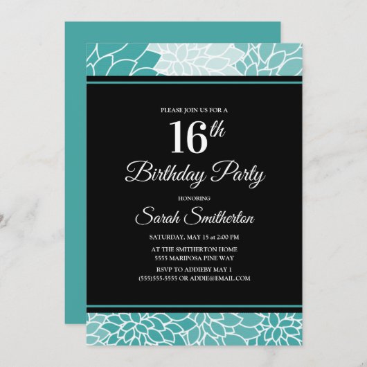 Invitation Turquoise Florale Blanche 16e fête d'anniversaire (Devant / Derrière)