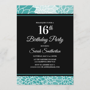 Invitation Turquoise Florale Blanche 16e fête d'anniversaire