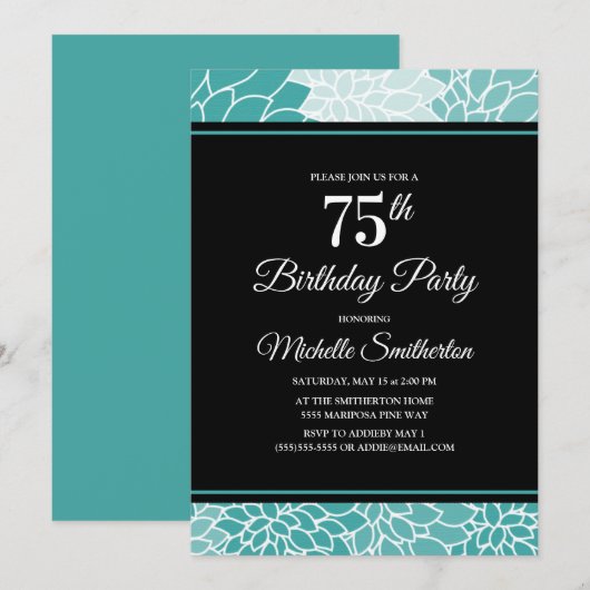 Invitation Turquoise Florale Blanche 75e fête d'anniversaire (Devant / Derrière)