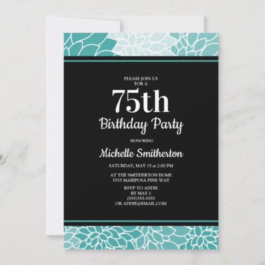 Invitation Turquoise Florale Blanche 75e Fête d'anniversaire (Devant)