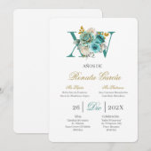 Invitation turquoise florale pour quinceañera (Devant / Derrière)