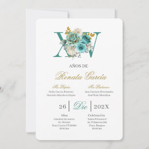 Invitation turquoise florale pour quinceañera