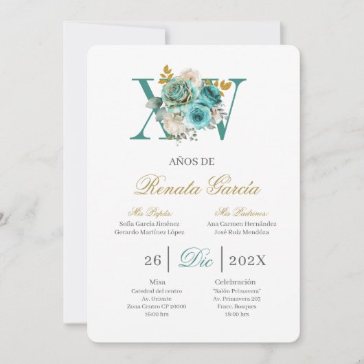Invitation turquoise florale pour quinceañera (Devant)