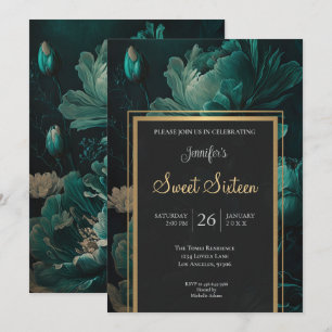 Invitation Turquoise foncé Floral Humeur Douce 16