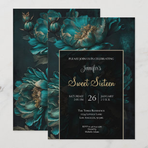 Invitation Turquoise foncé Floral humeur Sweet 16