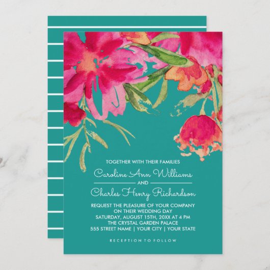 Invitation Turquoise Fuchsia Aquarelle Mariage Floral (Devant / Derrière)