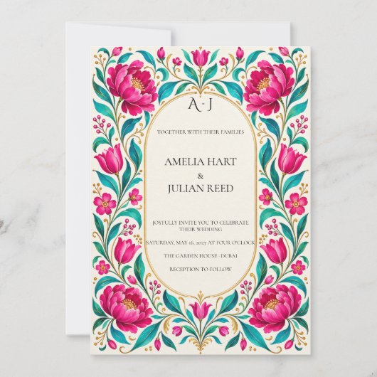 Invitation Turquoise Fuchsia Botanique Vibrant (Devant)