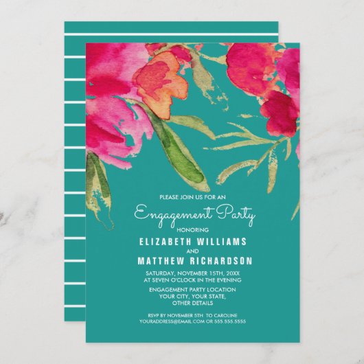 Invitation Turquoise Fuchsia Floral Engagement Party (Devant / Derrière)