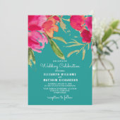 Invitation Turquoise Fuchsia Floral Mariage (Debout devant)