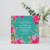 Invitation Turquoise Fuchsia Floral Mariage (Debout devant)