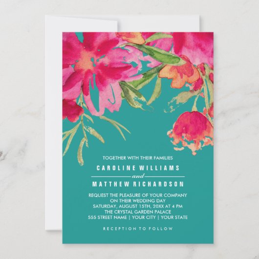 Invitation Turquoise Fuchsia Floral Mariage (Devant)