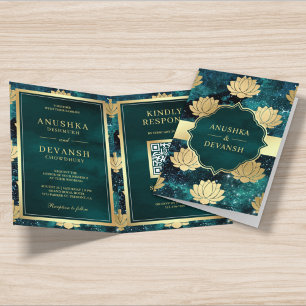 Invitation Turquoise Galaxy Gold Lotus QR Code Mariage indien