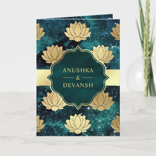 Invitation Turquoise Galaxy Gold Lotus QR Code Mariage indien (Devant)