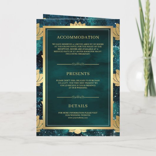 Invitation Turquoise Galaxy Gold Lotus QR Code Mariage indien (Dos)