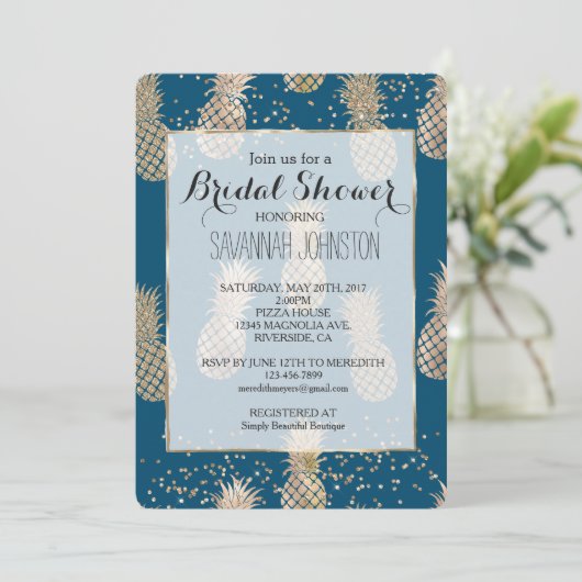 Invitation Turquoise Glam Tropical Ananas Douche nuptiale (Debout devant)