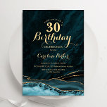 Invitation Turquoise Gold Agate 30e anniversaire<br><div class="desc">Turquoise bleu et or agate 30e anniversaire invitation de fête. Elégant design moderne avec aquarelle turquoise agate marbre arrière - plan,  faux parties scintillant or et typographie script. Carte invitation branchée parfaite pour une célébration anniversaire féminine élégante. Invitations Zazzle imprimées ou téléchargement instantané modèle imprimable numérique.</div>