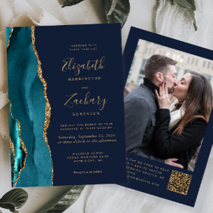 Invitation Turquoise Gold Agate Marine Bleu Photo QR Code Mar