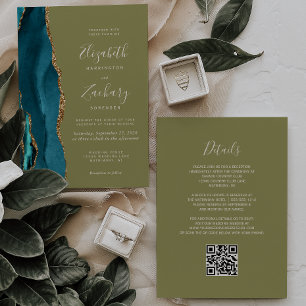 Invitation Turquoise Gold Agate Olive Green QR Code Mariage