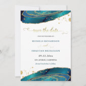 Invitation Turquoise Gold Agate Photo Enregistrer la date (Devant)