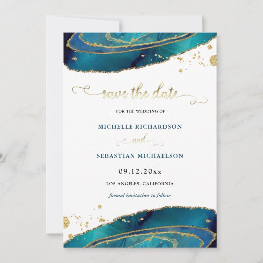 Invitation Turquoise Gold Agate Photo Enregistrer la date (Devant)