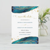 Invitation Turquoise Gold Agate Photo Enregistrer la date (Debout devant)