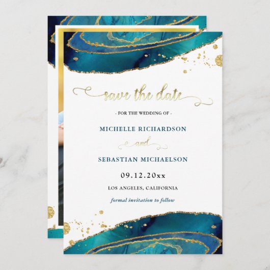 Invitation Turquoise Gold Agate Photo Enregistrer la date (Devant / Derrière)