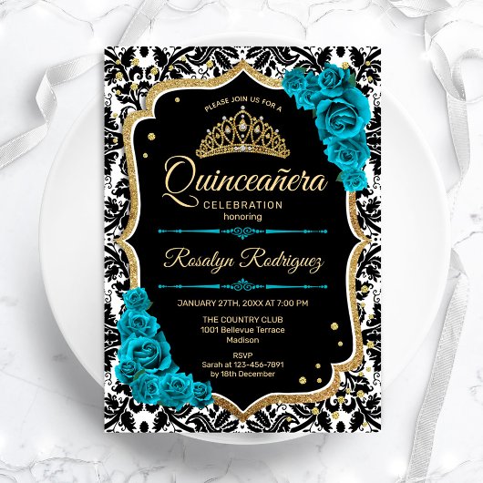 Invitation Turquoise Gold Black Damask Elegant Quinceanera