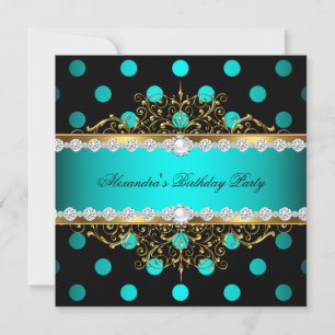 Invitation Turquoise Gold Black Pois Pearl fête d'anniversair