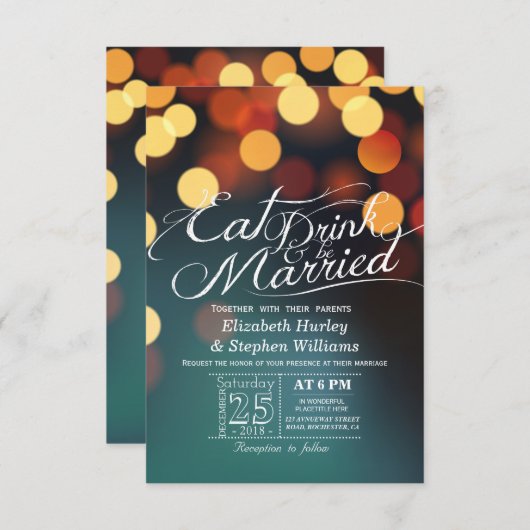 Invitation Turquoise Gold Bokeh Light EAT Boire être marié Ma (Devant / Derrière)