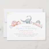 Invitation Turquoise & Gold Cute Girl Dinosaur fête d'anniver (Devant)