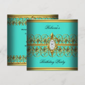 Invitation Turquoise Gold Elegant Birthday Party Jewel Image (Devant / Derrière)