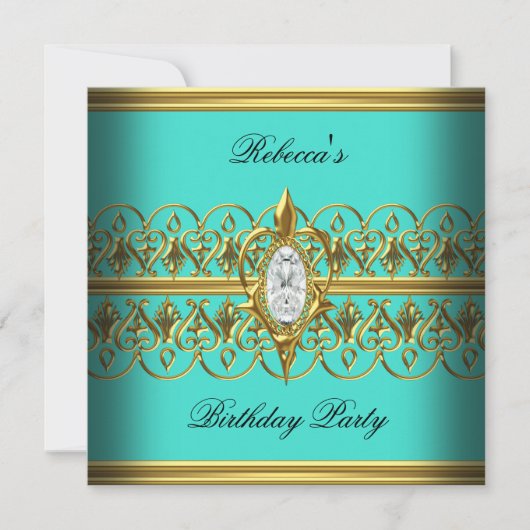 Invitation Turquoise Gold Elegant Birthday Party Jewel Image (Devant)