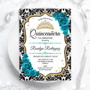 Invitation Turquoise Gold Elegant Damask Quinceanera