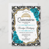 Invitation Turquoise Gold Elegant Damask Quinceanera (Devant)