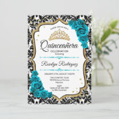 Invitation Turquoise Gold Elegant Damask Quinceanera (Debout devant)