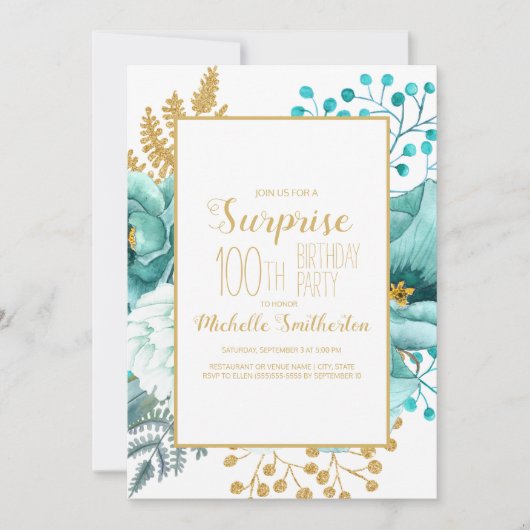 Invitation Turquoise Gold Floral 100e anniversaire (Devant)