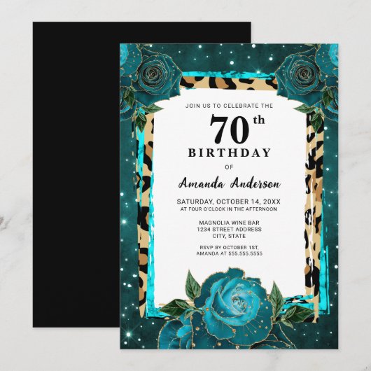 Invitation Turquoise Gold Floral Soixante-dix-septième annive (Devant / Derrière)