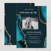 Invitation Turquoise & Gold Funeral Célébrer la vie (Devant / Derrière)