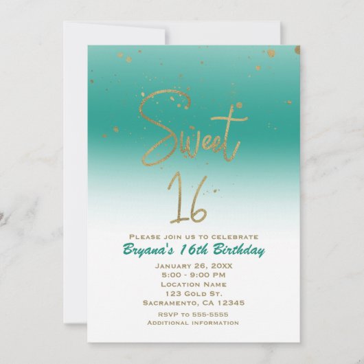 Invitation Turquoise & Gold Modern Glam SWEET 16 Anniversaire (Devant)