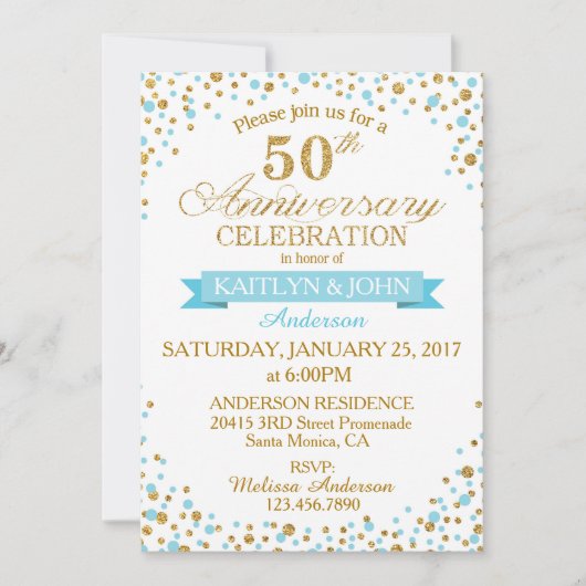 Invitation Turquoise Gold Pailletés 50e Anniversaire (Devant)