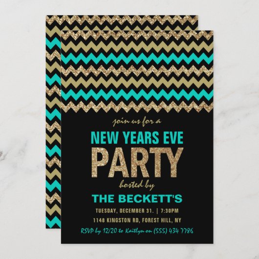Invitation Turquoise & Gold Parties scintillant Chevron New Y (Devant / Derrière)