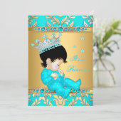 Invitation Turquoise Gold Pearl Princess Baby shower Brunette (Debout devant)