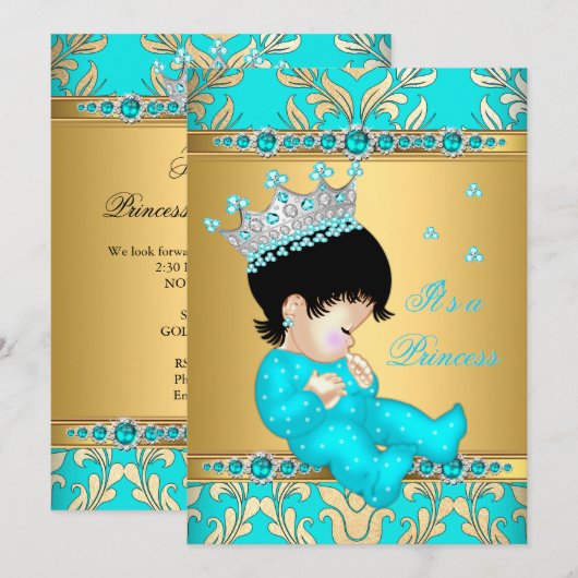 Invitation Turquoise Gold Pearl Princess Baby shower Brunette (Devant / Derrière)